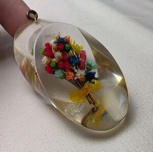 Vintage Lucite Necklace Pendant with Dried Flower Bouquet - Colorful